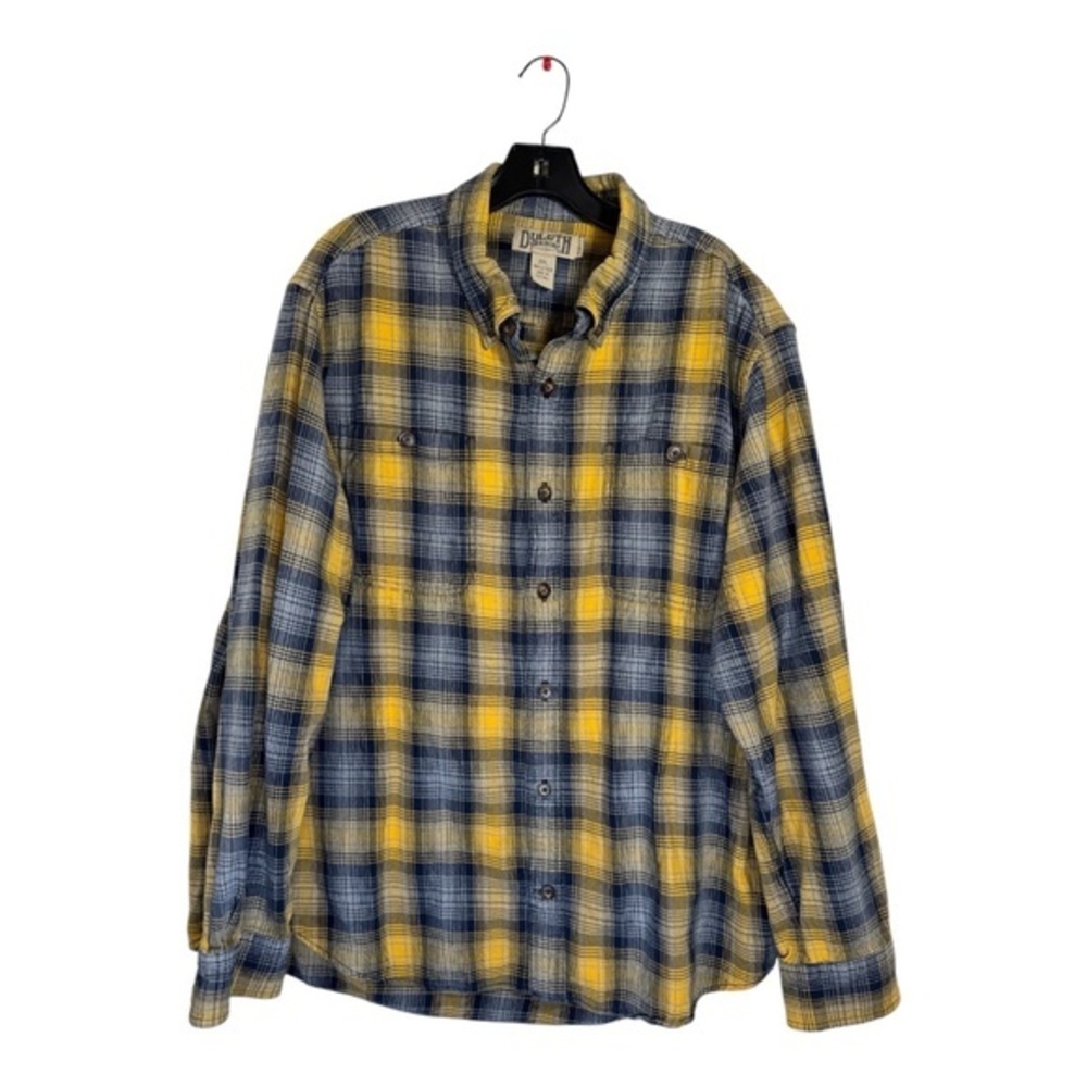Duluth Trading Co Plaid Shirt Mens Size XXL Trim Fit Yellow Blue 100% Cotton Fla